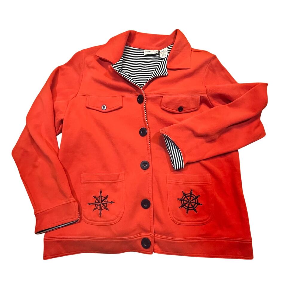 Breckenridge Woman 1X Nautical Cardigan Compass Embroidery Striped Lining Orange